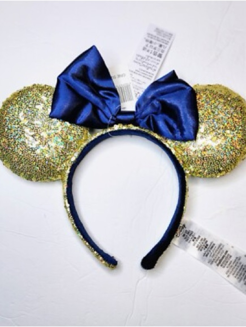 Disney Gold Glitter Minnie Ears Headband with Navy Bow